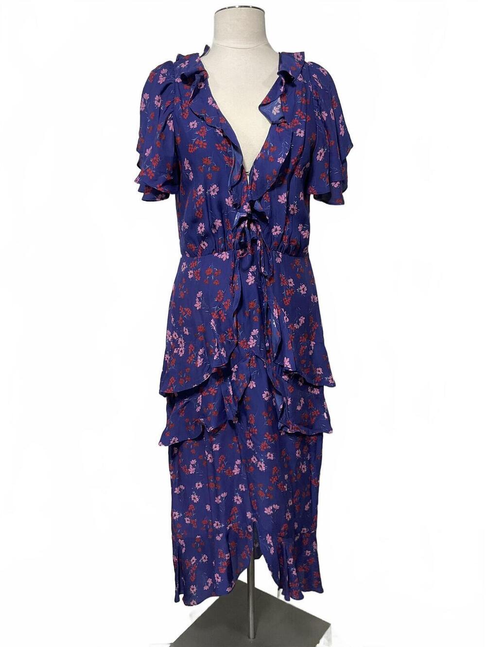 Le Maison Talulah Blue Floral Ruffle Midi Dress Size S Dd4